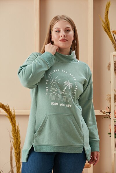 RMG Omuz Fermuar Detaylı Baskılı Büyük Beden Çağla Yeşili Sweatshirt