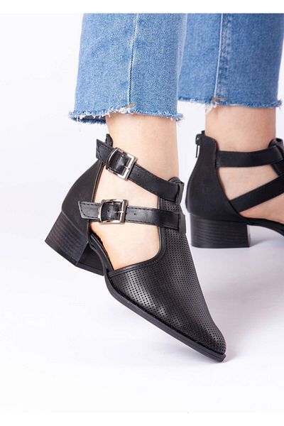 Bej Ayakkabı Moli Women's Laser Cut Double Buckle Black Shoes with Back Zipper