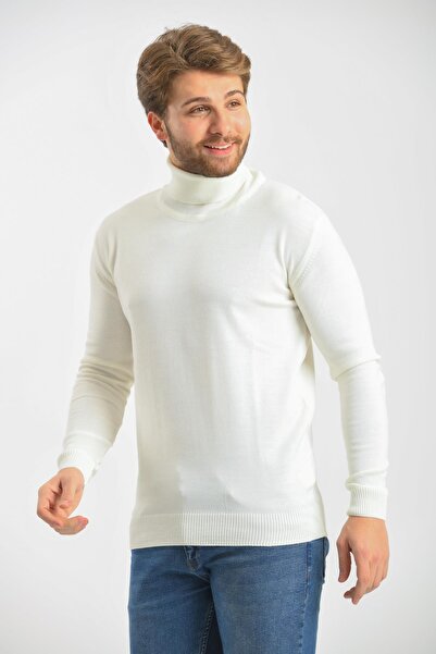 Çizgi Triko Κανονικό ανδρικό πλεκτό λευκό πουλόβερ με πλήρες ζιβάγκο μανίκι και μέση ελαστικό χειμώνα