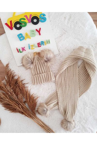 VOSVOSBABYSTORE Set eșarfă și beretă cu pompon natural bej
