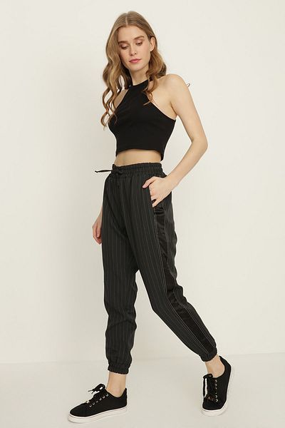 Select Moda Women's Black Striped Elastic Waist Jogger Pants