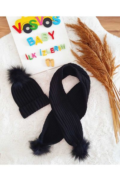 VOSVOSBABYSTORE Set eșarfă și beretă neagră cu un singur pompon