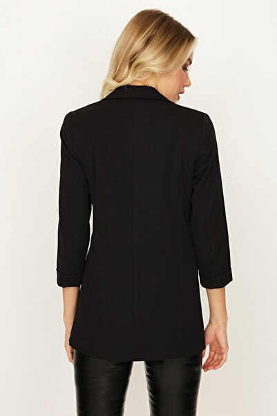 Select Moda Γυναικείο Μαύρο Μπλέιζερ Μπουφάν με Διπλωμένα Μανίκια