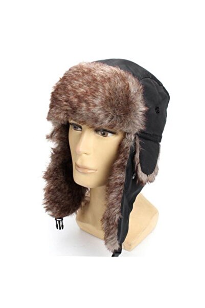 Shopiolog Unisex Suni Kürklü Kışlık Siyah Trapper Şapka