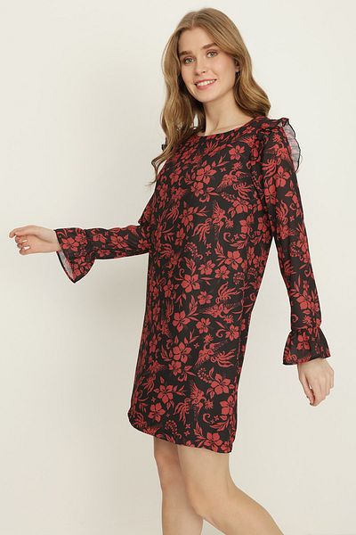 Select Moda Rochie de damă din șifon cu imprimeu floral negru roșu