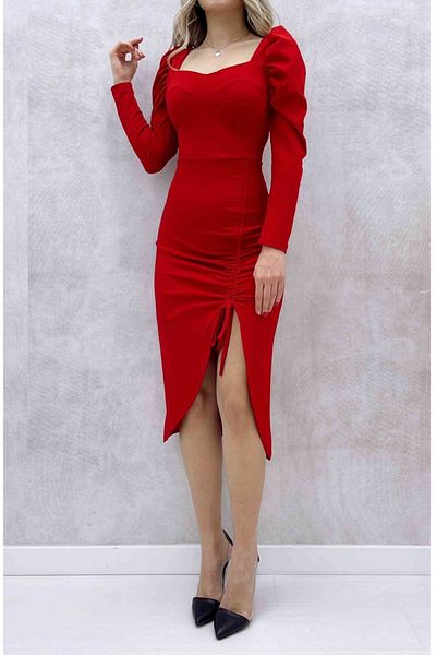 lovebox Flexible Fabric Gather Slit Midi Length Long Sleeve Square Collar Red Evening Dress Dks-020