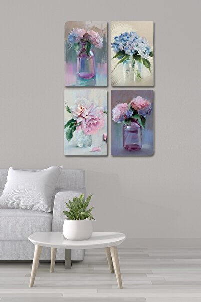 NT Handmade 4'lü Ahşap Tablo Seti - Vazoda Çiçekler Salon Oturma Yatak Odası Mutfak Için Duvar Dekoru 30x45cm