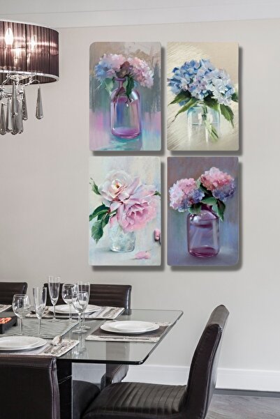 NT Handmade 4'lü Ahşap Tablo Seti - Vazoda Çiçekler Salon Oturma Yatak Odası Mutfak Için Duvar Dekoru 30x45cm