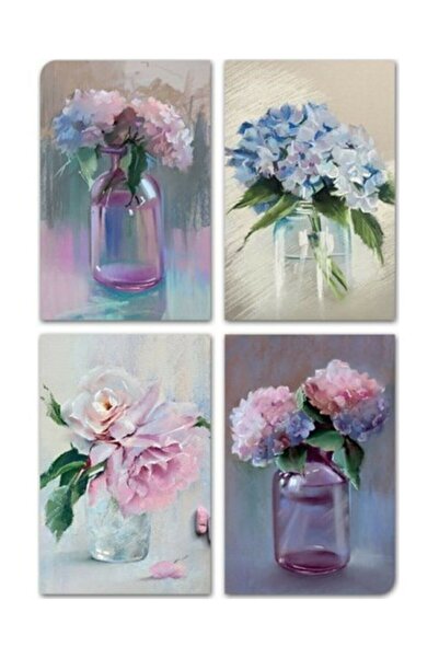 NT Handmade 4'lü Ahşap Tablo Seti - Vazoda Çiçekler Salon Oturma Yatak Odası Mutfak Için Duvar Dekoru 30x45cm