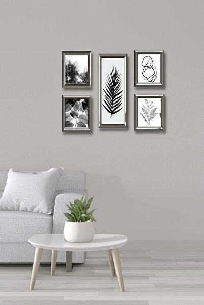 NT Handmade 5li Ahşap Tablo Seti - Siyah Beyaz Yapraklar Salon Oturma Yatak O...