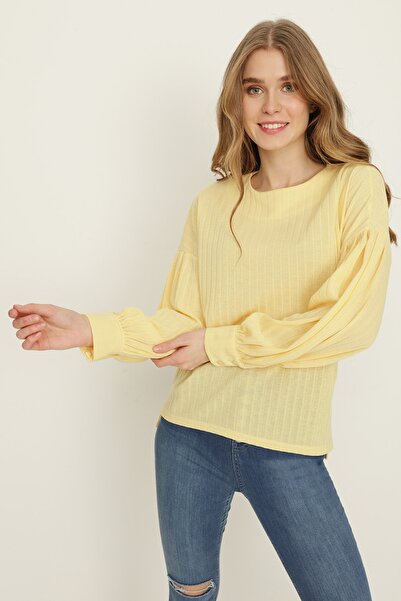Select Moda Γυναικεία μπλούζα με μανίκια με κίτρινη λαιμόκοψη