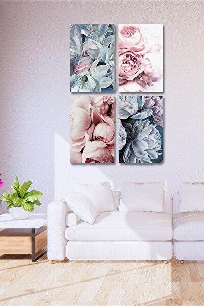 NT Handmade 4 Parça Ahşap Tablo Seti Duvar Dekoru - Pembe Mavi Güller Salon O...