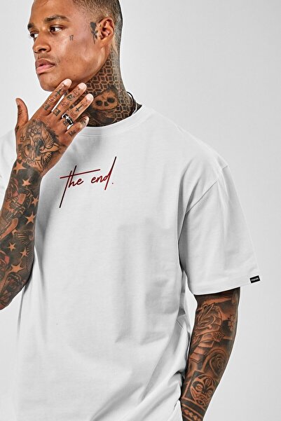 MAVİŞEHİR Tricou oversize The End cu scris alb și roșu