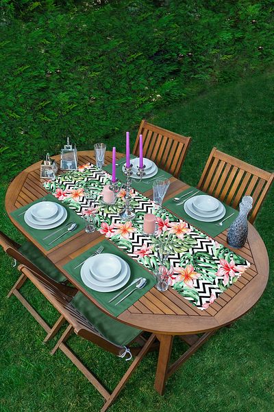 Realhomes Zigzag Zebra Patterned Digital Printed 1 Runner & 4 Green Colored American Service