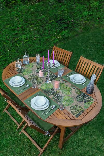 Realhomes Çuval Zeminli Palmiye Yaprakları Özel Tasarım 1 Runner & 4 Adet Koy...