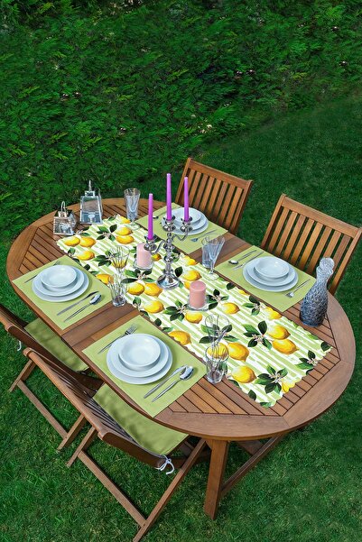 Realhomes Yeşil Zeminli 3 Boyutlu Limon Desenli 1 Adet Runner & 4 Adet Açık Y...