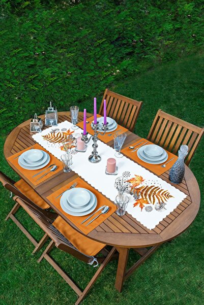 Realhomes Kuru Yaprak Desenli Modern 1 Adet Runner & 4 Adet Turuncu Renkli Am...