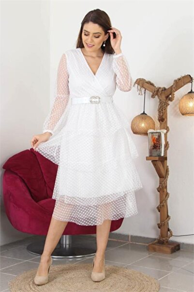 Neşeli Butik Дамска многослойна рокля от тюл с колан, нов сезон, Nb10006