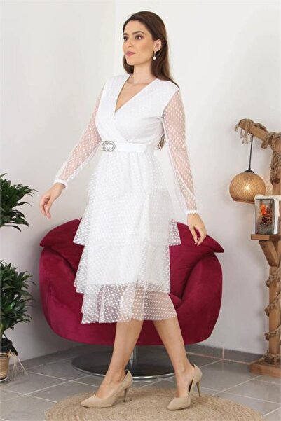 Neşeli Butik Дамска многослойна рокля от тюл с колан, нов сезон, Nb10006