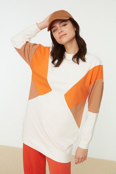Trendyol Modest Pletená mikina Ecru - Color Block, TCTAW22TW0021
