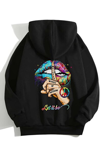 Deocept Unisex Oversize Siyah Kapşonlu Peace Baskılı Sweatshirt