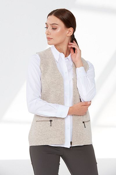 Desen Triko Women's Beige Knitwear Vest - Steel Knit Pocket, Zippered 02421003