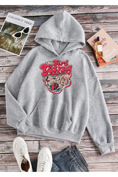 Deocept Unisex Oversize Gray Hooded Girl Gang Printed Sweatshirt