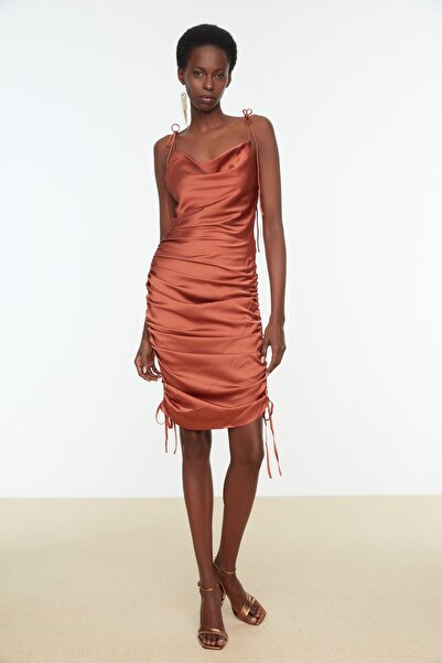 Trendyol Collection Bronze Gathered Satin Elegant Evening Dress TPRSS21EL1831