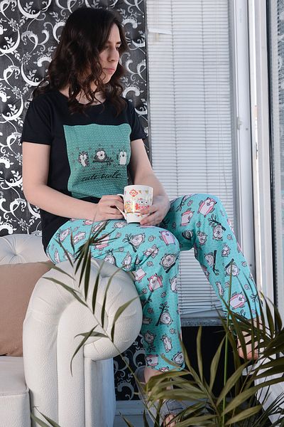 AVORWE Set de pijamale cu mânecă scurtă cu model bufniță și fund lung
