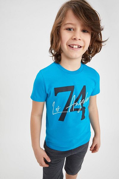 DeFacto Boy's Turquoise Text Printed Short Sleeve T-Shirt