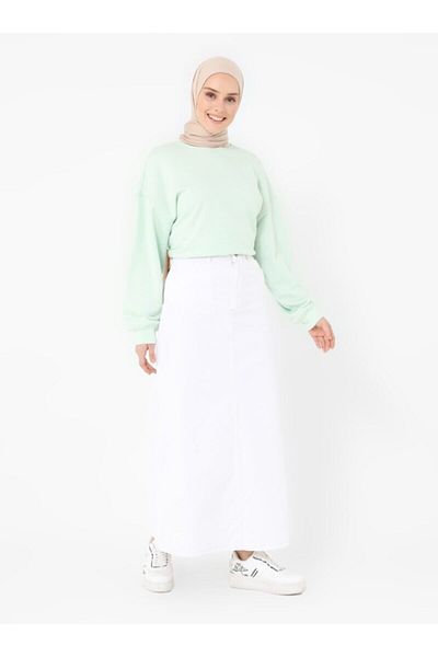 Benin Natural Fabric Contrast Stitched Denim Skirt White