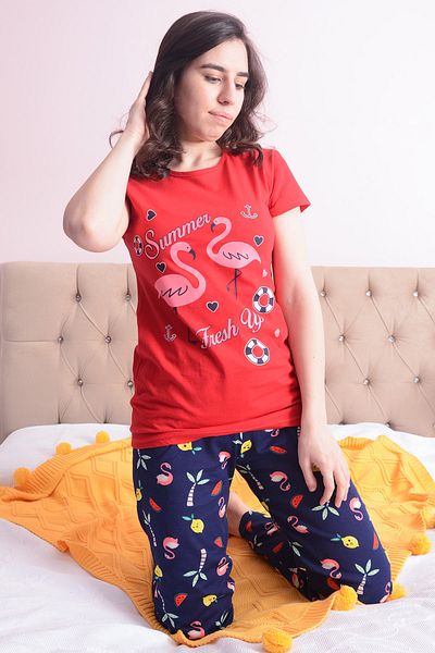 AVORWE Flamingo Printed Short Sleeve Top and Long Bottom Pajamas Set