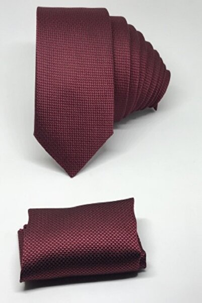 Kravat Gezegeni ربطة عنق أكسفورد بنمط عين الطيور بقصة ضيقة مع منديل بلون الكرز