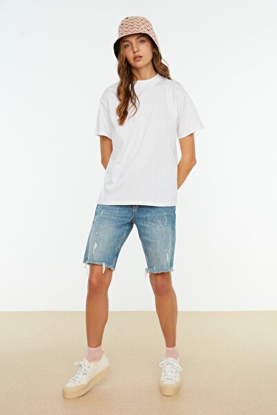 Trendyol Collection Λευκό 100% βαμβάκι Basic κανονικό/κανονικό πλεκτό μπλουζάκι με γιακά TWOAW20TS0096