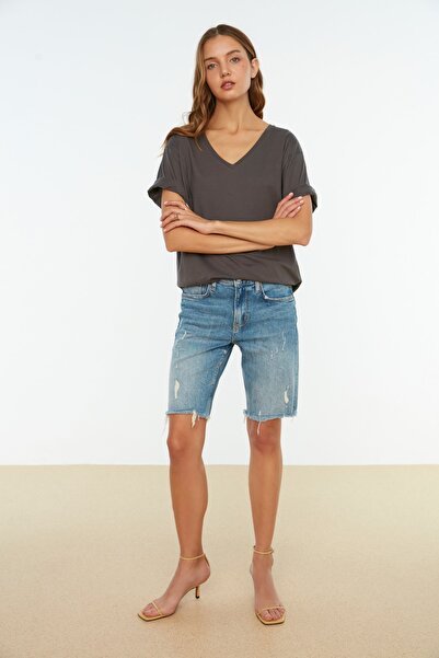 Trendyol Collection Ανθρακοί %100 Βαμβακερό Σουπρεμ V Λαιμόκοψη Μπλουζάκι Boyfriend Πλεκτό