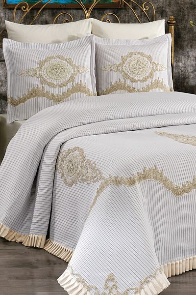 Evlen Home Collection Cairo French Lace Laced Double Bedspread Pique Set Bridal Dowry Set (6 PIECES) Cap