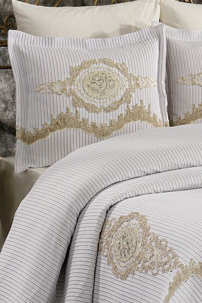 Evlen Home Collection Cairo French Lace Laced Double Bedspread Pique Set Bridal Dowry Set (6 PIECES) Cap