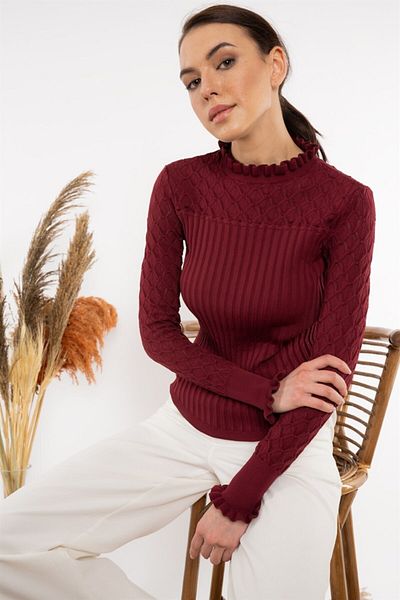 AQE FASHION Gât cu volană pentru femei, pulover ajurat în față