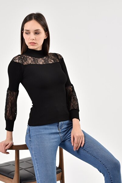 KİM Kİ O Γυναικεία μαύρη μπλούζα με μανίκια και δαντέλα μπροστά