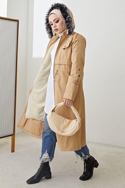 InStyle Sequined Sleeve Detail Zipper Pocket Coat - Beige