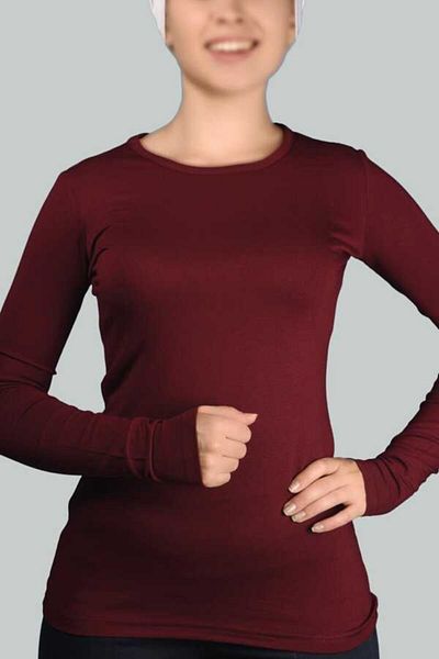 Altobeh Body de damă din bumbac pieptănat cu mânecă lungă, decolteu, lycra - roșu claret