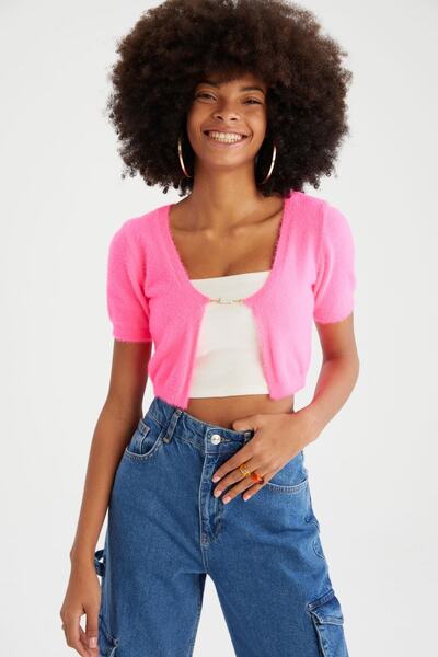 DeFacto Comfort Fit Round Neck Crop Short Sleeve Knitwear Cardigan