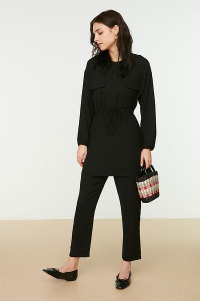 Trendyol Modest Black Tie Waist Pocket Detailed Aerobin Shirt-Pants Set TCTSS21AU0238