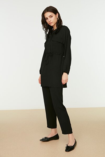 Trendyol Modest Fekete nyakkendő derékzseb részletes Aerobin ing-nadrág szett TCTSS21AU0238