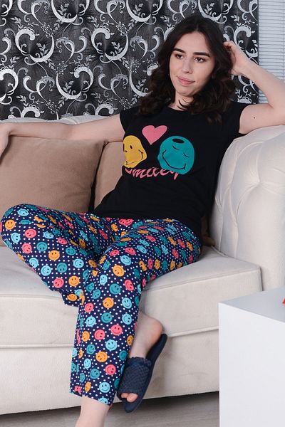 AVORWE Set de pijamale cu mânecă scurtă și fund lung cu imprimeu emoji cu fața zâmbitoare