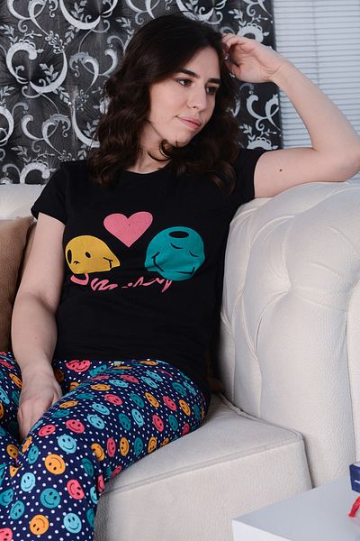 AVORWE Set de pijamale cu mânecă scurtă și fund lung cu imprimeu emoji cu fața zâmbitoare