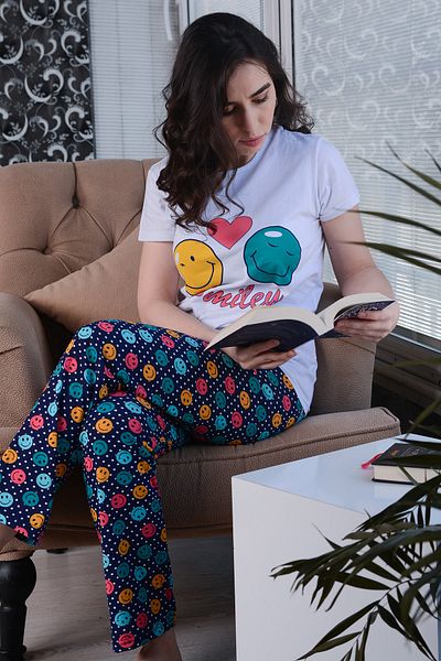 AVORWE Set de pijamale cu mânecă scurtă și fund lung cu imprimeu emoji cu fața zâmbitoare