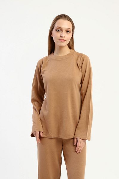 1Moda1Tarz Women's Mink Crew Neck Belted Knitwear Bottom-Top Set Comfortable Fit Detail Elastic Waist