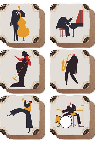 Hayat Poster Jazz Music Musicians Set of 6 Retro Wooden Coasters
