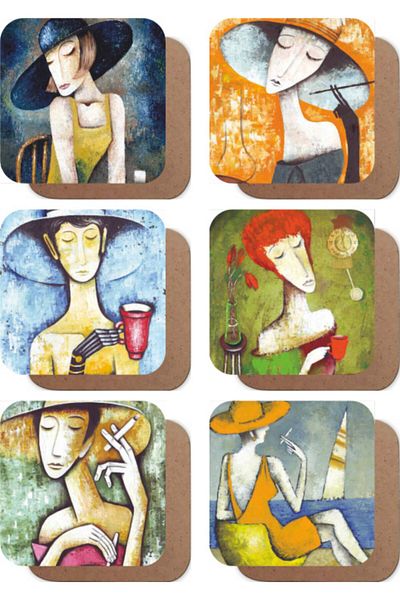 Hayat Poster Women in the Cafe Eugene Ivanov Artistic Drawing Retro Set of 6 Wooden Coasters
